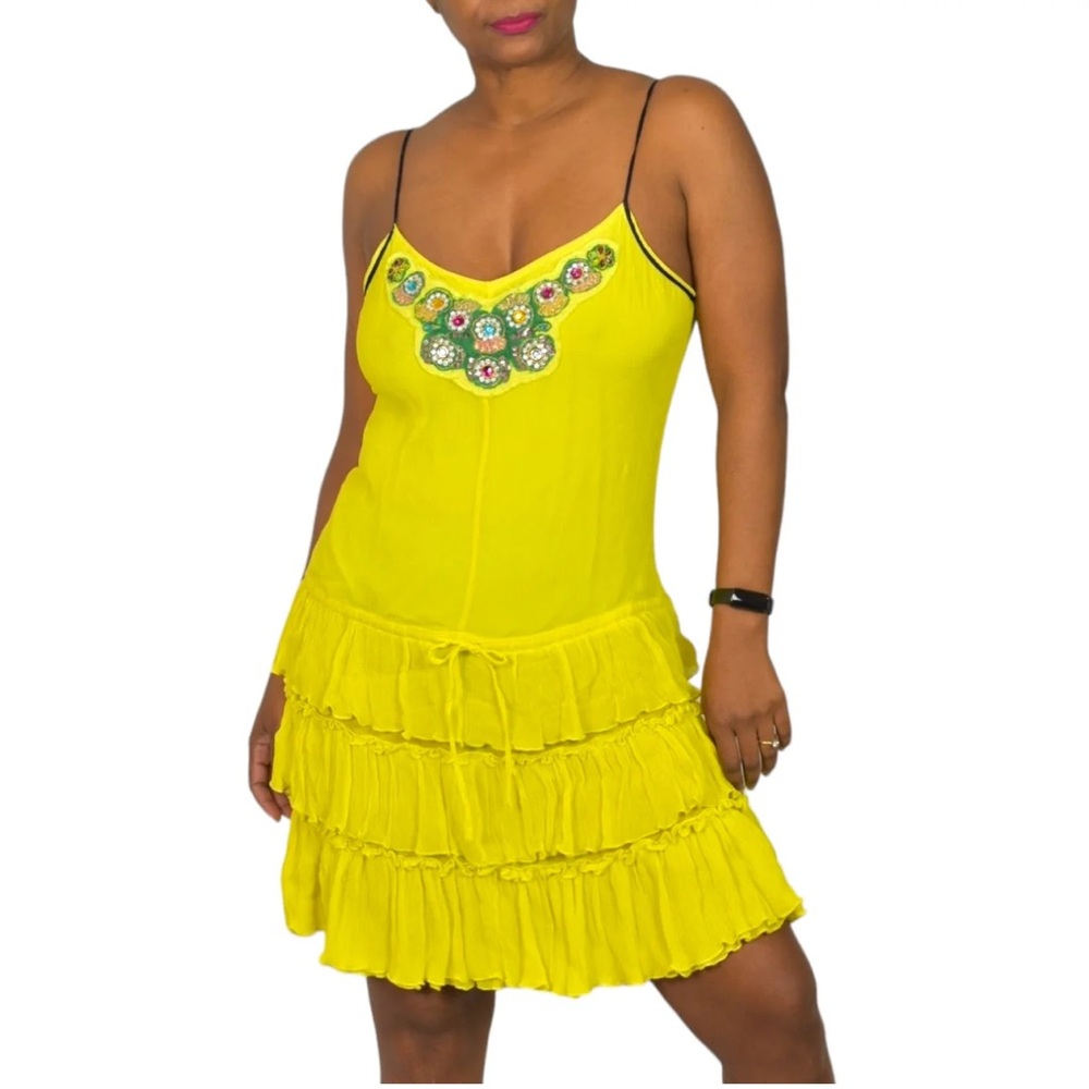 Free People silk dress yellow rhinestone drop waist tiered ruffled crink…